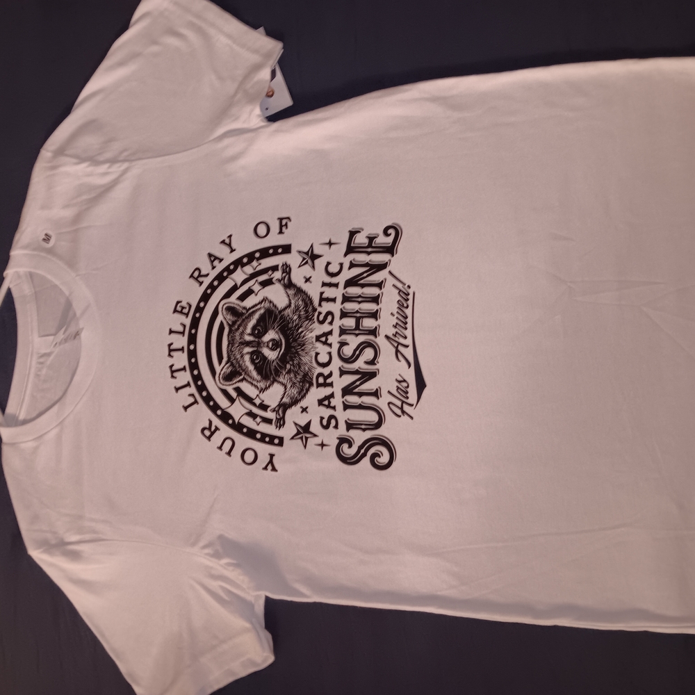 White Short-Sleeve Graphic Tee with 'Sarcastic Sunshine' Raccoon Print